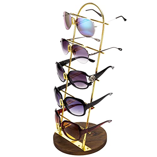 MyGift Modern 5-Tier Gold Metal Sunglasses Display Stand with Brown Wood Jewelry Ring Holder Base, Retail Eyewear Rack