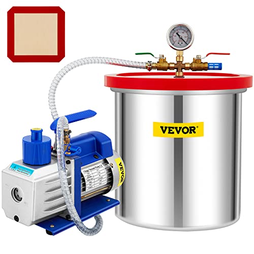 VEVOR Vacuum Chamber with Pump, 5 Gallon Chamber, 5CFM 1/2 HP Single Stage Rotary Vane Vacuum Pump, 110V HVAC Air Tool Set for Stabilizing Wood, Degassing Silicones, Epoxies and Essential Oils