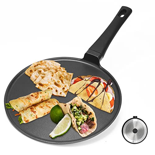 Sakuchi 11 Inch Induction Crepe Pan, Nonstick Dosa Pan for Stove Tops, Tortilla Pan for Glass Cooktop, Tawa Pan for Roti, Black