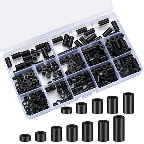 320 Pcs Electrical Outlet Screws Spacers, Black Nylon Round Spacer Assortment Kit, Plastic Spacers Without Threaded, Switch and Receptacle Spacers for Screws