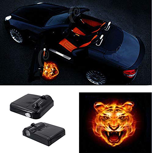 Premium Car Door Light 2 Pcs Easy Installed Welcome Laser Projector Pastable Led Logo Light Holeless Magnet Sensor Ghost Shadow Lamp Logos (Tiger)