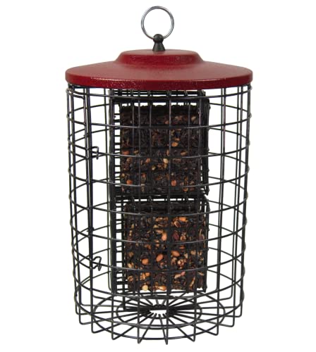 Squirrel Stopper Round 4 Cake Red Squirrel Proof Suet Feeder - Holds 4 Suet or Seed Cakes - Easy Open Cage - Squirrel Proof Bird Feeder with Hanging Metal Roof