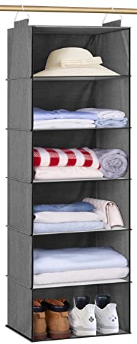 SLEEPING LAMB 6 Shelves Jumbo Hanging Closet Organizer and Storage, Hanging Clothes Organizer for Sweaters, Blankets and Coats in Wardrobe, Bedroom, Living Room, Grey