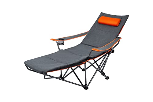 Suntime Adjustable Reclining Lounge Mesh Chair, Portable Folding Camping Chair with Removable Cotton Cushion, Footrest, Sponge Pillow, Cup Holder, Side Pocket, Carry Bag - Orange