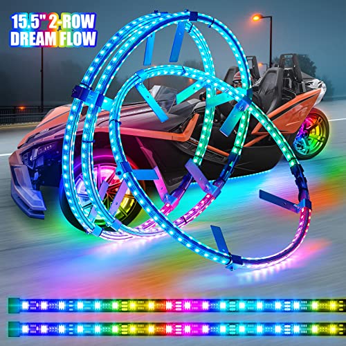 DOAUTO 15.5" 3-Wheel Motorcycle Chasings LED Wheel Underglow Double-Rows Rim Ring Light Strips with RF/APP,2x 24IN Neon Accent Underbody Kit Fit for Polaris Slingshot(Rotor Dia.13", Rim Hub Dia.19")