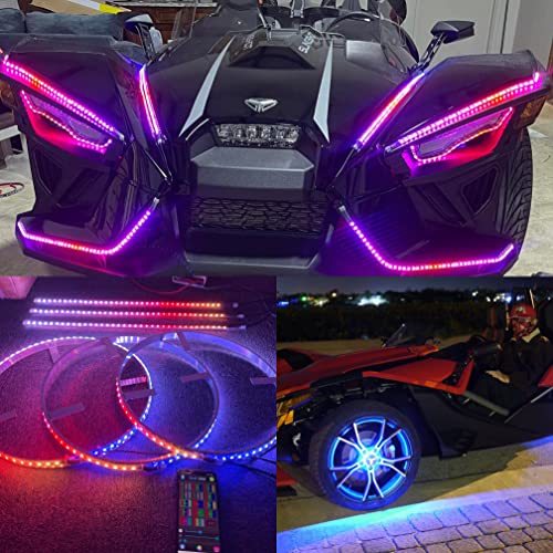 Sando Tech 15.5 Dream Chasing Color Flashing Led Wheel Ring Light + 3PCS 4ft LED Strips Decoration Light Kit 6 Plugs Synchronize Bluetooth Ctrl Compatible with Polaris Slingshot