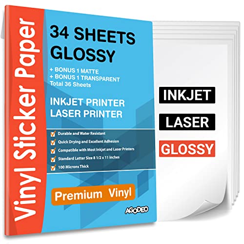 Premium Printable Vinyl Sticker Paper for Inkjet & Laser Printer - 34 Sheets Self-Adhesive Sheets Glossy White Waterproof, Dries Quickly Vivid Colors, Holds Ink well- Tear Resistant (Glossy)