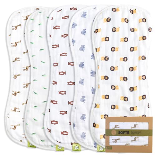 5-Pack Muslin Baby Burp Cloths - Organic White Bamboo Cotton Burp Cloth - Burp Rags - Neutral Burp Clothes for Baby Boy, Girl, Newborn, Unisex - Large Absorbent Muslin Burp Cloths (The Wild)