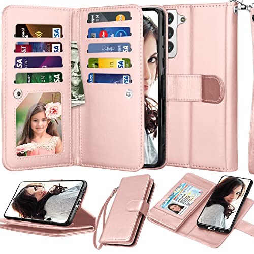 NJJEX Galaxy S22 Case, for Samsung Galaxy S22 Wallet Case, [9 Card Slots] PU Leather ID Credit Holder Folio Flip [Detachable] Kickstand Magnetic Phone Cover & Lanyard for Samsung S22 [Rose Gold]