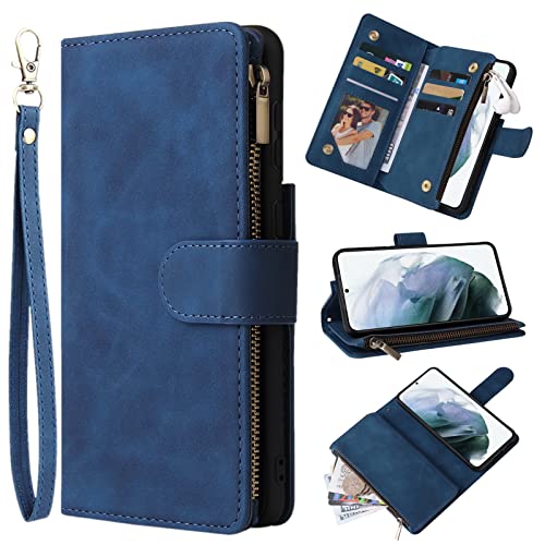 ZZXX Samsung Galaxy S22 Case Wallet with Card Slot Premium Soft PU Leather Zipper Flip Folio Wallet with Wrist Strap Kickstand Protective for Galaxy S22 Wallet Case(Blue-6.1 inch)