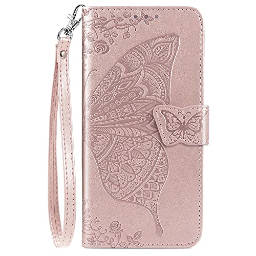 DiGPlus Galaxy S22 5G Wallet Case, [Butterfly & Flower Embossed] PU Leather Wallet Case Flip Protective Phone Cover with Card Slots and Kickstand for Samsung Galaxy S22 6.1-Inch (Rose Gold)