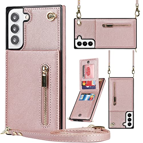 Jaorty Crossbody Wallet Case for Samsung Galaxy S22 5G Case with Card Holder Leather PU Flip Cover Detachable Adjustable Lanyard Strap Women Girl Magnetic Clasp Kickstand Heavy Duty,Rosegold