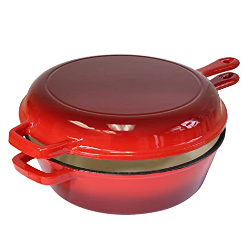 Enameled 2in1 Cast Iron 3 Quart Sauce Pan with Grill Lid Serves as Both Casserole & Stovetop Grill Pan for Gas, Electric & Ceramic Stoves, No need Seasoning, Red Enamel Sauce Pan for Cooking & Baking