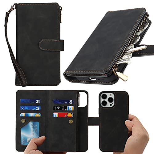  iPhone 13 Case Wallet Detachable,iPhone 13 Phone case with Card Holder,Flip Folio Zipper Wallet case with Credit Card Slots for Women Men-Black