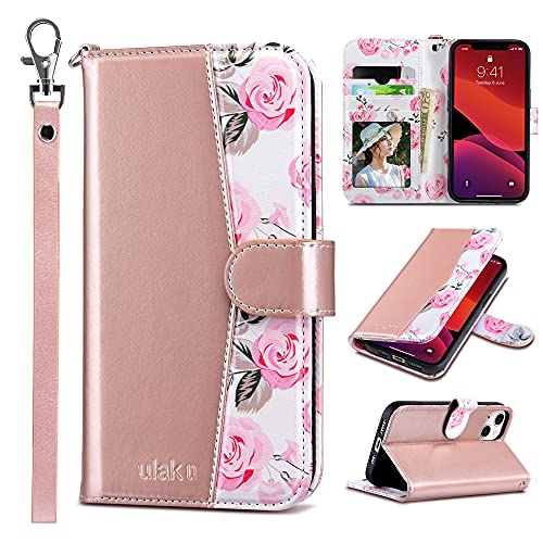 ULAK Compatible with iPhone 13 Wallet Case for Women, Premium PU Leather Flip Cover with Card Holder and Kickstand Feature Protective Phone Case Designed for iPhone 13 6.1 Inch, Pink Flower