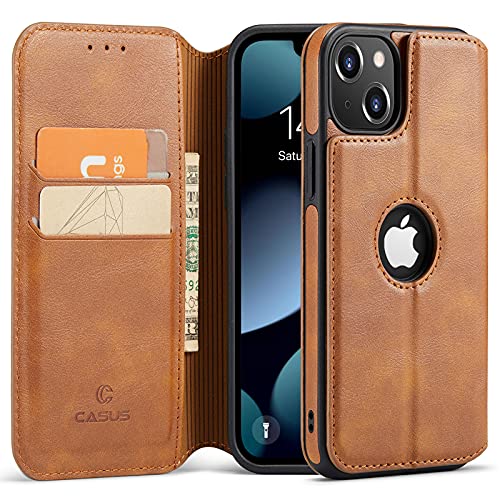 Casus Logo View Compatible with iPhone 13 Wallet Case Slim Magnetic Flip Cover Faux Leather with Card Holder Slot Thin Kickstand (2021) 6.1" (Brown)