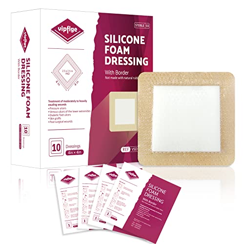 Silicone Foam Dressing with Gentle Adhesive Border 4'' x 4'' 10 Pack, High Absorbency Foam Wound Bandage for Bed Sore, Pressure Ulcer, Diabetic Foot Ulcer, Leg Ulcer