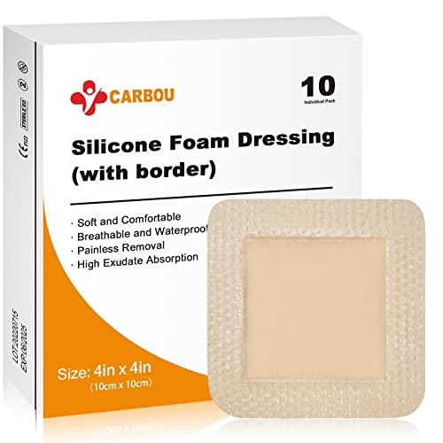 Carbou Silicone Foam Dressing with Gentle Border,4"x4" Adhesive Waterproof and High Absorbency Square Wound Care Dressing Bandage for Pressure Sore, Leg Ulcer, Diabetic Ulcer,10 Pack