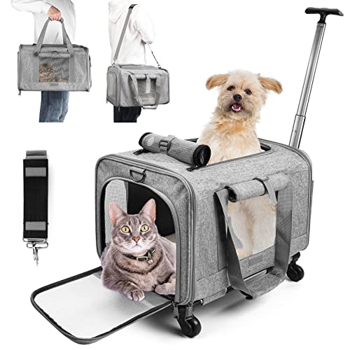 18*11*11.4 Cat Dog Carrier TSA Delta Southwest Airline Approved with Wheels for Small Dogs or Medium Cats Under 20LBS, Escape Proof Rolling Pet Carrier with Telescopic Handle for Walking Travel