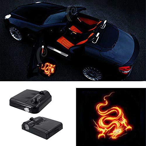 Premium Car Door Light 2 Pcs Easy Installed Welcome Laser Projector Pastable Led Logo Light Holeless Magnet Sensor Ghost Shadow Lamp Logos (Fire Dragon)