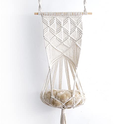 Macrame Cat Hammock Bed with Cushion - Cute Cat Hanging Bed - Hang on Wall, Ceiling, Window or Headboard, Boho Room Decor, Hanging Kit Included, Floating Cat Shelf Macrame Decor, Boho Wall Hanging