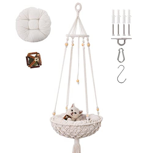 XREE Macrame Cat Hammock, Handwoven Hanging Cat Bed, Boho Cat Swing with Hanging Kit for Kitten Sleeping Climbing Playing Home Decor Indoor Cat Window Perch Wall Hanging Cat Hammock Bed