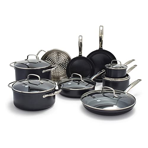 GreenPan Chatham Black Prime Midnight Hard Anodized Healthy Ceramic Nonstick, 15 Piece Cookware Pots and Pans Set, PFAS-Free, Dishwasher Safe, Oven Safe, Black