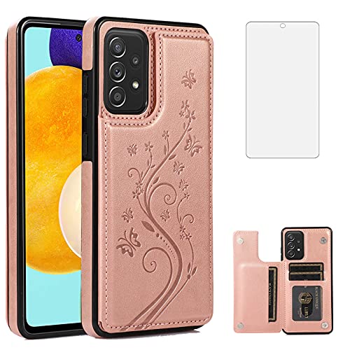 Phone Case for Samsung Galaxy A52 5G/4G with Tempered Glass Screen Protector and Card Holder Wallet Cover Stand Flip Leather Cell Accessories Glaxay A 52 G5 Gaxaly 52A S52 Cases Women Girl Rose Gold