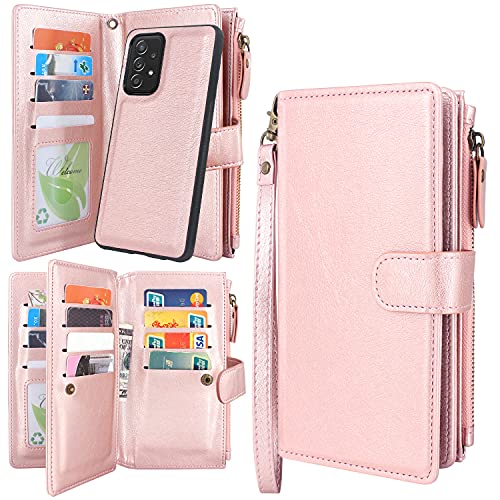 Harryshell Detachable Magnetic Zipper Wallet Leather Case Cash Pocket with 12 Card Slots Holder Wrist Strap for Samsung Galaxy A52 5G 6.5 inch (SM-A526) (2021) (Rose Gold)