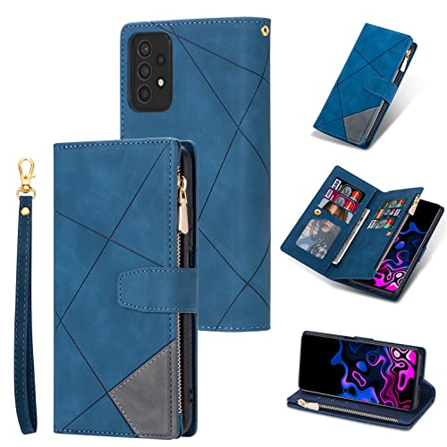 UEEBAI Wallet Case for Samsung Galaxy A52 5G/4G A52S 5G, Vintage Premium PU Leather Cover Flip Case with Card Slots Magnetic Closure Zipper Pocket Kickstand Handbag with Hand Strap - Blue