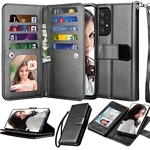NJJEX Wallet Case for Samsung Galaxy A52S 5G / Galaxy A52 5G / Galaxy A52 Case [9 Card Slots] PU Leather Credit Card Holder Folio Flip [Detachable] Kickstand Magnetic Phone Cover & Lanyard [Black]