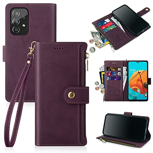 Antsturdy for Samsung Galaxy A52 5G & 4G Wallet Case,PU Leather Folio Flip Protective Cover with Wrist Strap [RFID Blocking] [Zipper Poket] Credit Card Holder [Kickstand Function] Women Wine Red