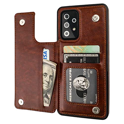 Onetop Compatible with Samsung Galaxy A52 Wallet Case with Card Holder, PU Leather Kickstand Card Slots Case, Double Magnetic Clasp and Durable Shockproof Cover 5G 6.5 Inch(Brown)