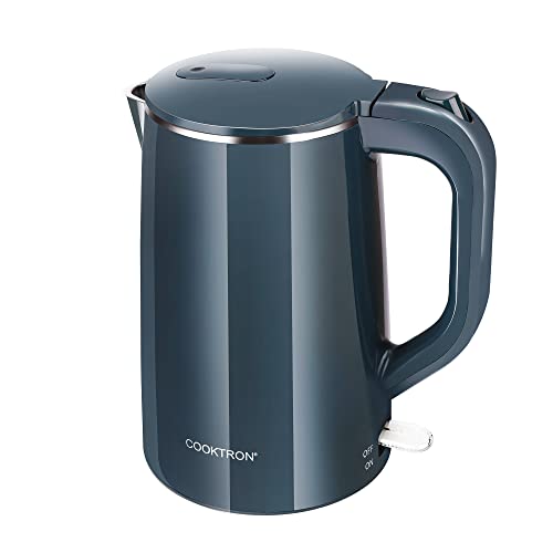 COOKTRON 1.7L Electric Kettle Quiet, Double Wall Hot Water Boiler BPA-Free, Boil and Cool Touch Tea, Cordless with Shut-Off & Dry Protection, 1500W Fast Boiling, Blue, JK17MB-150-01Plus, One Size