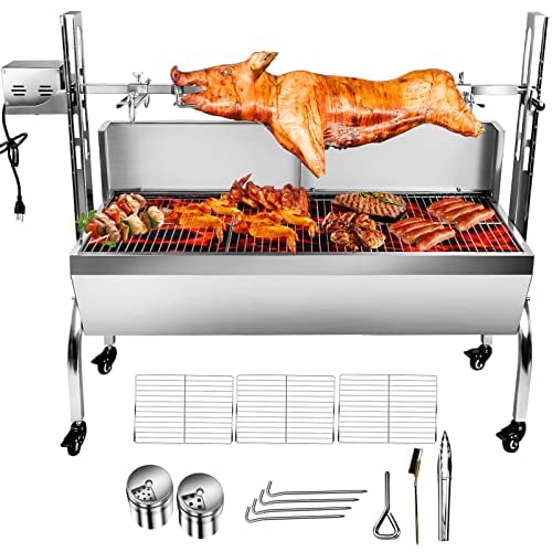 KODOM 176LBS Stainless Steel Rotisserie Grill with Back Cover Guard, 25W Motor Small Pig Lamb Rotisserie Roaster, 48.7 Inch BBQ Charcoal Rotisserie Grill for Camping Outdoor Kitchen
