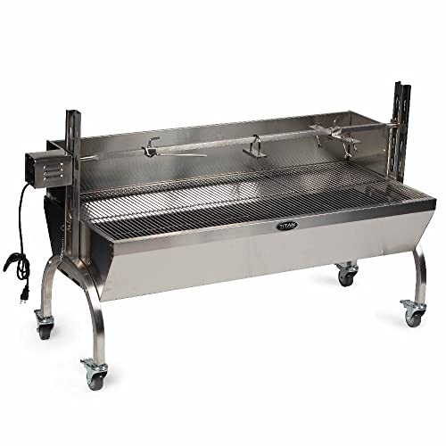 TITAN GREAT OUTDOORS 13W Stainless Steel Rotisserie Grill, Rated 88 LB, Windscreen, BBQ Spit Roaster
