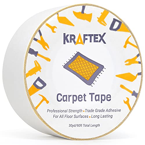 Double Sided Carpet Tape Heavy Duty for Area Rugs, Tile Floors [90ft/30 Yrd, 1.88 inch] Rug Gripper Tape with Strong Adhesive 2 Sided Stick for Concrete, Outdoors, Indoors, Laminate, Hardwood, Runners