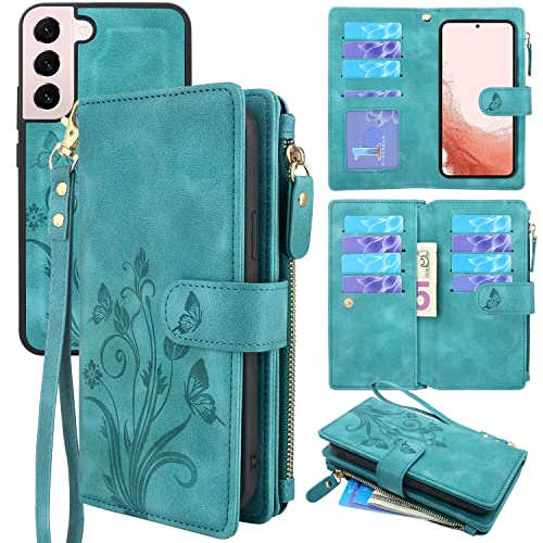Lacass for Samsung Galaxy S22 6.1 inch Case [12 Card Slots] ID Credit Cash Holder Zipper Pocket Detachable Magnet Leather Wallet Cover Wrist Strap Lanyard Carrying Pouch(Floral Blue Green)