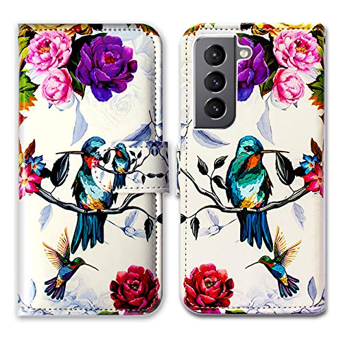 Bcov Galaxy S22 Case, Hummingbird in Flowers Bird Leather Flip Phone Case Wallet Cover with Card Slot Holder Kickstand for Samsung Galaxy S22 5G