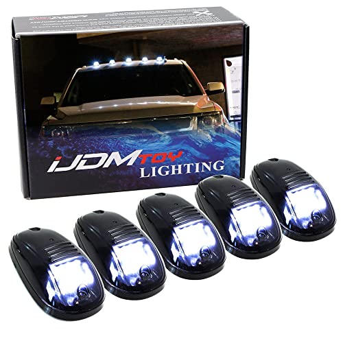 iJDMTOY 5pcs White LED Cab Roof Top Marker Running Lights Compatible With Truck SUV 4x4 (Black Smoked Lens Lamps)