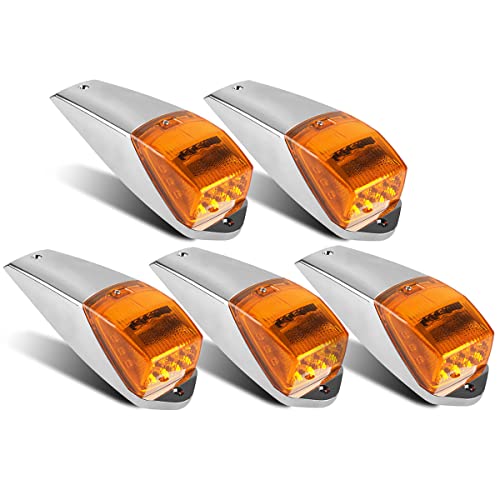MCRESOAR 5Pcs Truck Cab Marker Lights 17 LED Amber Top Roof Running Lights Clearance Light w/Chrome Base Compatible with Kenworth/Freightliner//Autocar Hayes/Mack