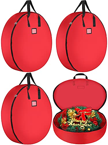 4 Pieces Christmas Wreath Storage Bag Protect Artificial Wreaths Large Storage Container and Reliable Handles for Xmas Bag Tear-Proof 600D Oxford Fabric Zipper Card Slot (30 Inch, Red)