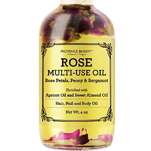 Provence Beauty Rose Multi-Use Oil for Face, Body and Hair - Organic Blend of Apricot, Vitamin E and Sweet Almond Oil Moisturizer for Dry Skin, Scalp & Nails - Rose Petals & Bergamot Essential Oil - 4 Fl Oz