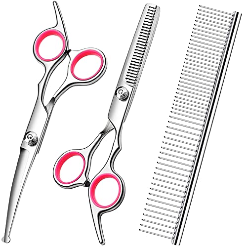 FAIGEO Dog Grooming Scissors Kit with Safety Round TipsStainless Steel Professional Dog Grooming Shears Set - Thinning, CurvedScissorsand Comb for Dog Cat Pet