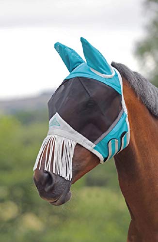 Shires Fine Mesh Horse Equine Fly Mask with Ears and Nose Fringe 60% UV Protection (Cob, Teal)