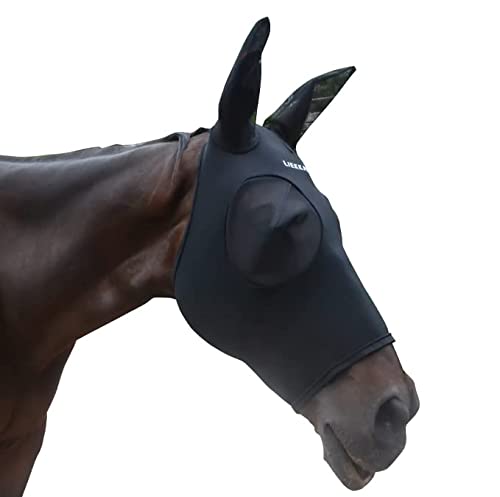 Super Comfort Horse Fly Mask Elasticity Fly Mask with Ears UV Protection for Horse(XL,Black)
