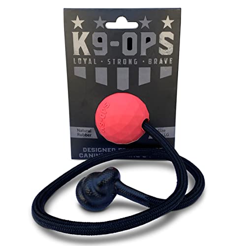 K9 Ops Dog Ball on a Rope Moki Tug Toy - Solid Rubber Fetch Training Reward - Large Dogs Durable Indestructible Chewers Pitbull Dobermann Rottweiler Shepherd (Ruby Red - Black Rope)