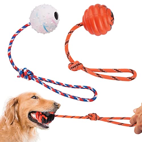 PrimePets Dog Training Ball on Rope, 2 Pcs Solid Rubber Rope Ball, Tug Ball Toy for Medium and Small Dog, Tough Rope Toy, Non-Toxic and Durable Dog Toys