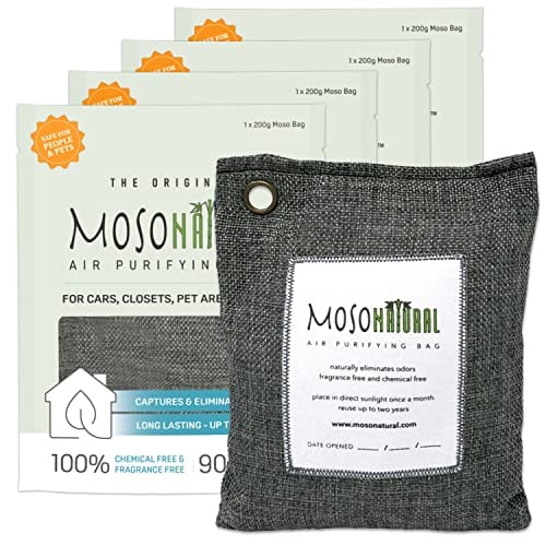 Moso Natural Air Purifying Bag 200g (4 Pack). A Scent Free Odor Eliminator for Cars, Closets, Bathrooms, Pet Areas. Premium Moso Bamboo Charcoal Odor Absorber. (Charcoal Grey)