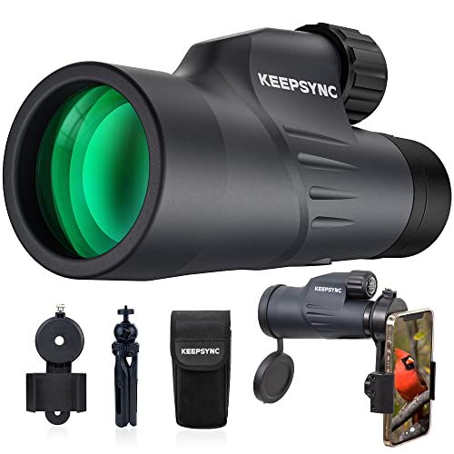 HD Monocular with Smartphone Adapter, KEEPSYNC High Powered FMC Lens & BAK4 Prism Telescopes for Adults, 12x50 Sky Captain Monocular Telescope for Bird Watching Hunting Hiking Camping Travelling